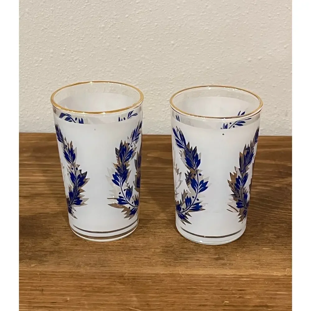 Vintage Frosted Glasses Blue Leaf Design‎ Gold Rim Barware Mid Century